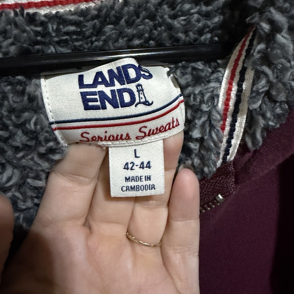 Lands End Serious Sweats Hoodie Mens L Large Full Zip Sherpa Lined Burgundy - Picture 3 of 8